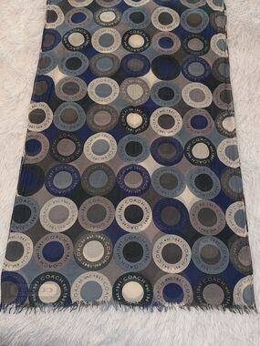 Coach Logo Circle Print Cotton Scarf in Blue Gray Cream Tones 70" X 20" EUC